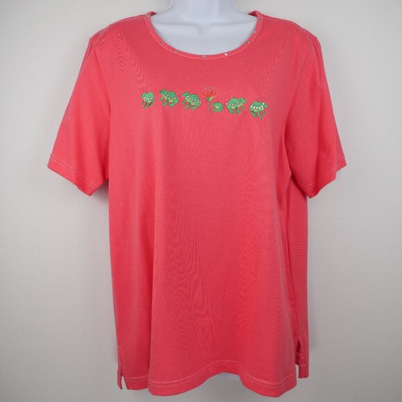 Quacker Factory Shorts Shirt SET Womens Medium Coral Embroidered 100% Cotton - Picture 7 of 16